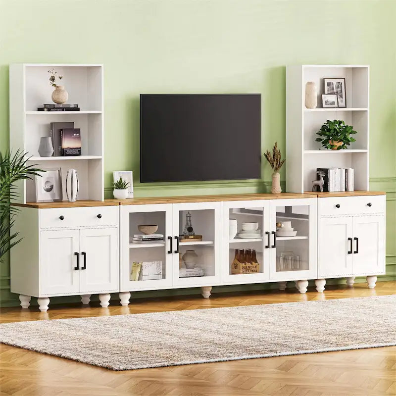 TV Stand with Gourd-Shaped Legs for TVs Up to 70,Entertainment Center with Bookshelves & Glass Doors,Adjustable Shelves