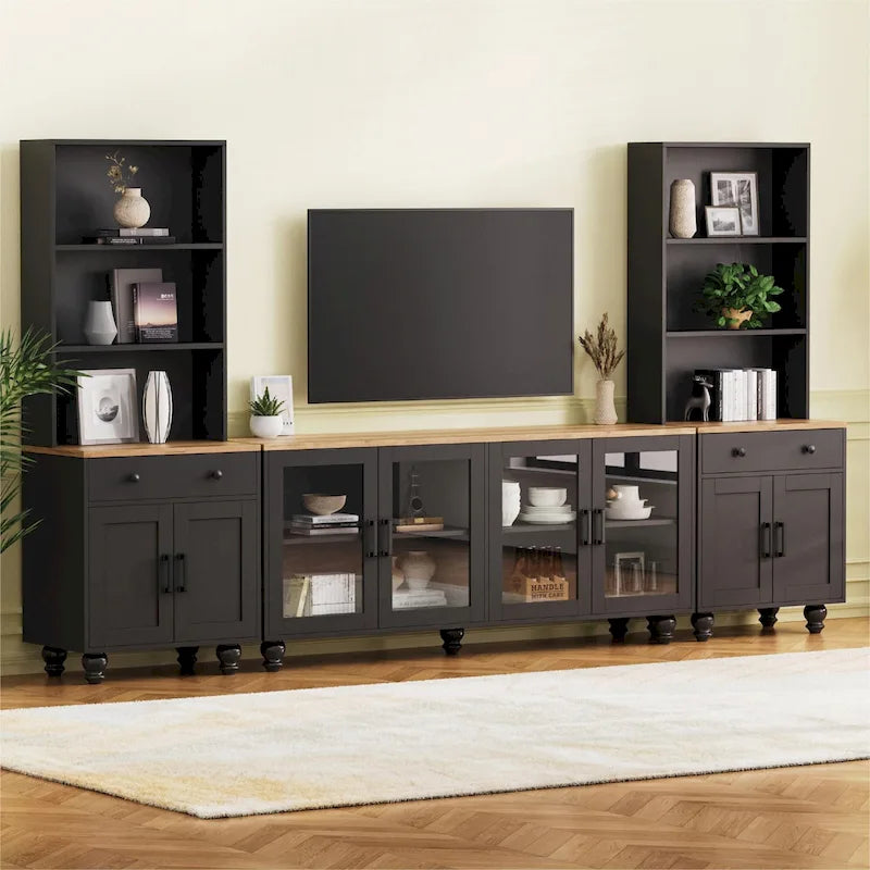 TV Stand with Gourd-Shaped Legs for TVs Up to 70,Entertainment Center with Bookshelves & Glass Doors,Adjustable Shelves