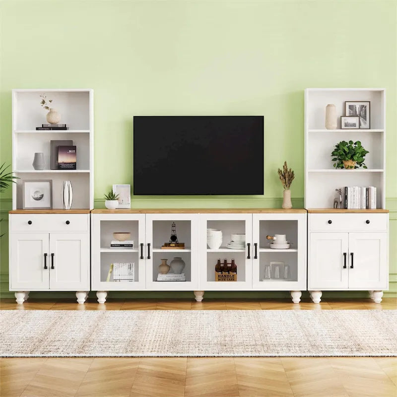 TV Stand with Gourd-Shaped Legs for TVs Up to 70,Entertainment Center with Bookshelves & Glass Doors,Adjustable Shelves