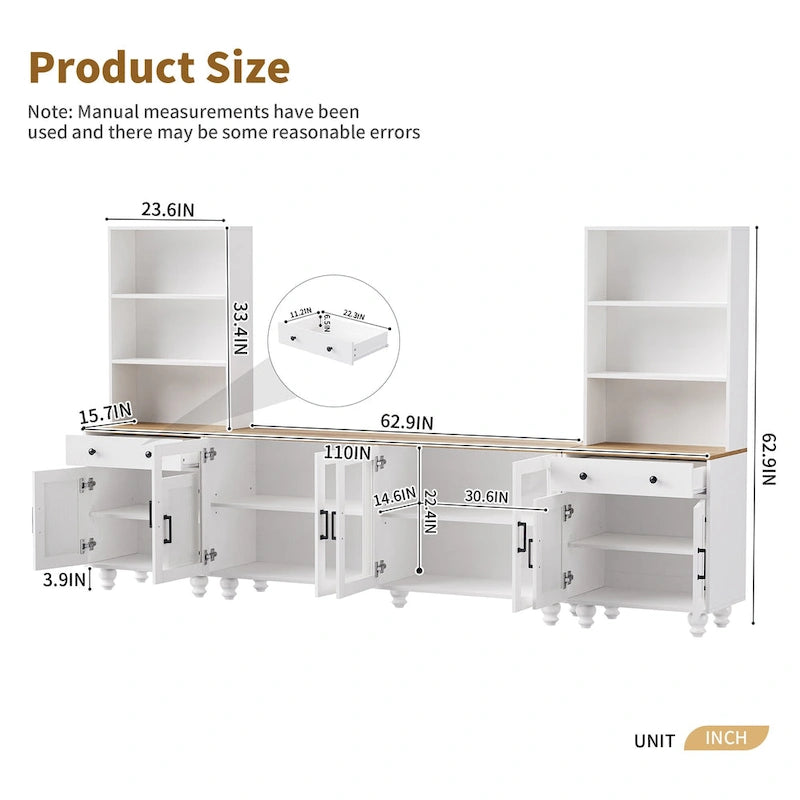 TV Stand with Gourd-Shaped Legs for TVs Up to 70,Entertainment Center with Bookshelves & Glass Doors,Adjustable Shelves