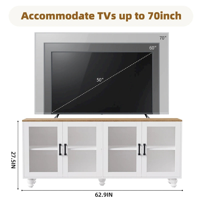 TV Stand with Gourd-Shaped Legs for TVs Up to 70,Entertainment Center with Bookshelves & Glass Doors,Adjustable Shelves