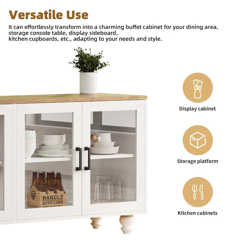 TV Stand with Gourd-Shaped Legs for TVs Up to 70,Entertainment Center with Bookshelves & Glass Doors,Adjustable Shelves