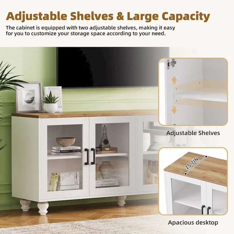TV Stand with Gourd-Shaped Legs for TVs Up to 70,Entertainment Center with Bookshelves & Glass Doors,Adjustable Shelves