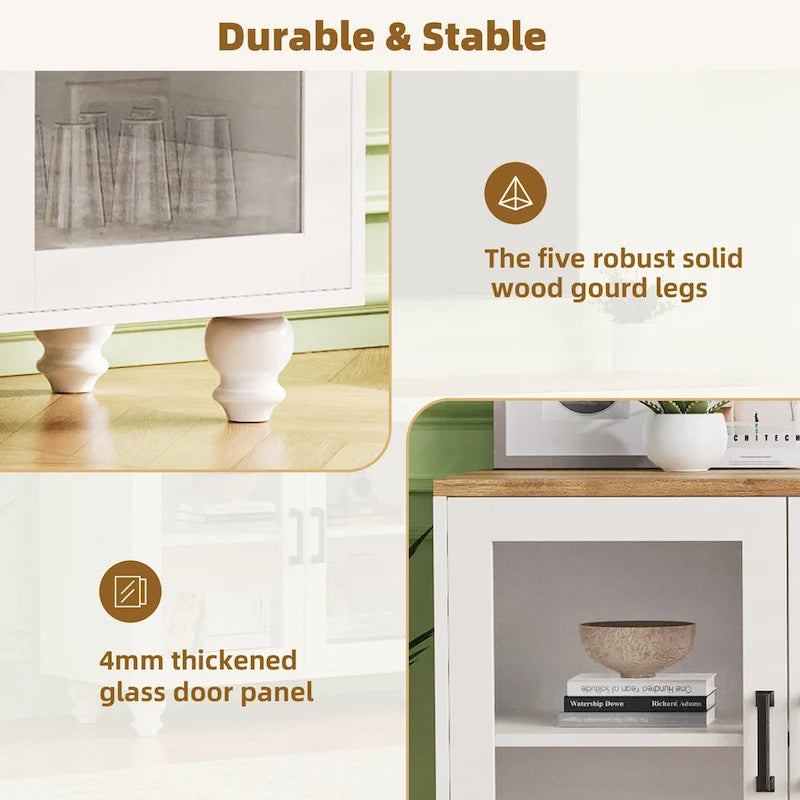 TV Stand with Gourd-Shaped Legs for TVs Up to 70,Entertainment Center with Bookshelves & Glass Doors,Adjustable Shelves