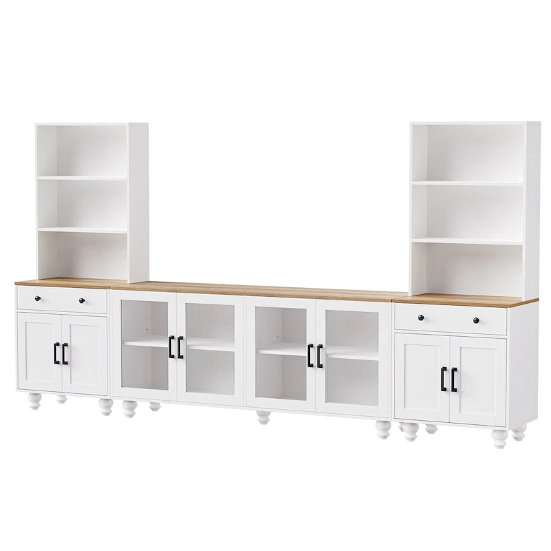 TV Stand with Gourd-Shaped Legs for TVs Up to 70,Entertainment Center with Bookshelves & Glass Doors,Adjustable Shelves