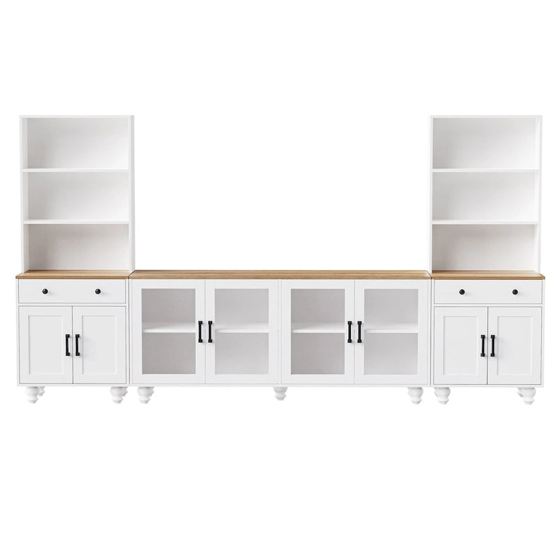 TV Stand with Gourd-Shaped Legs for TVs Up to 70,Entertainment Center with Bookshelves & Glass Doors,Adjustable Shelves