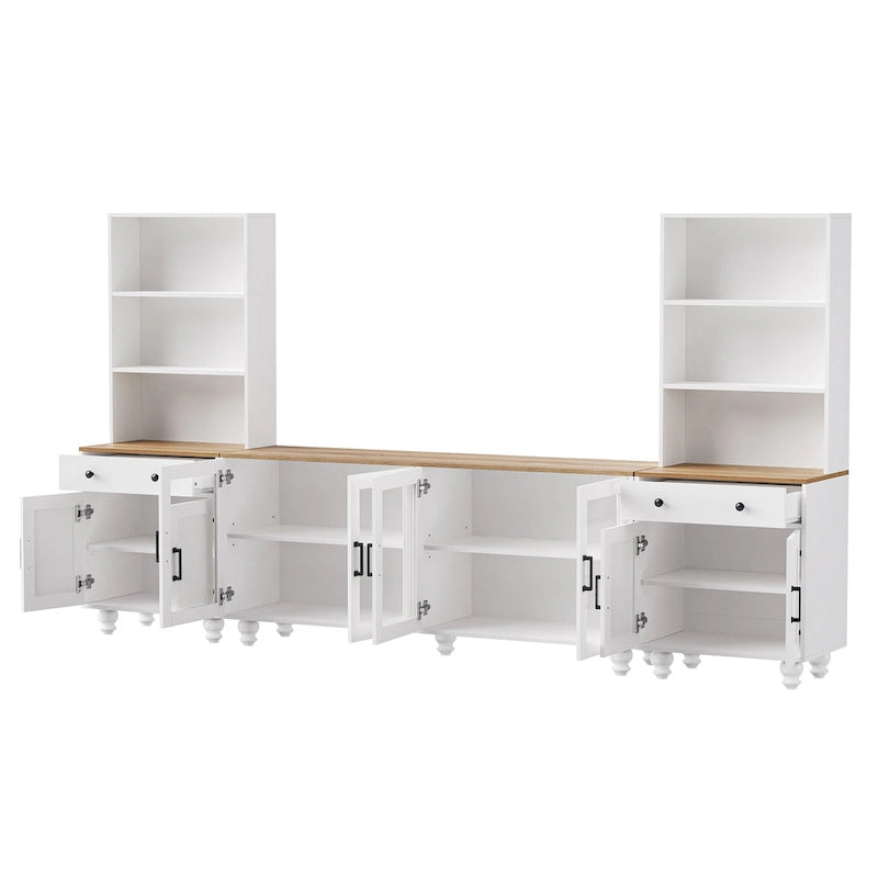 TV Stand with Gourd-Shaped Legs for TVs Up to 70,Entertainment Center with Bookshelves & Glass Doors,Adjustable Shelves