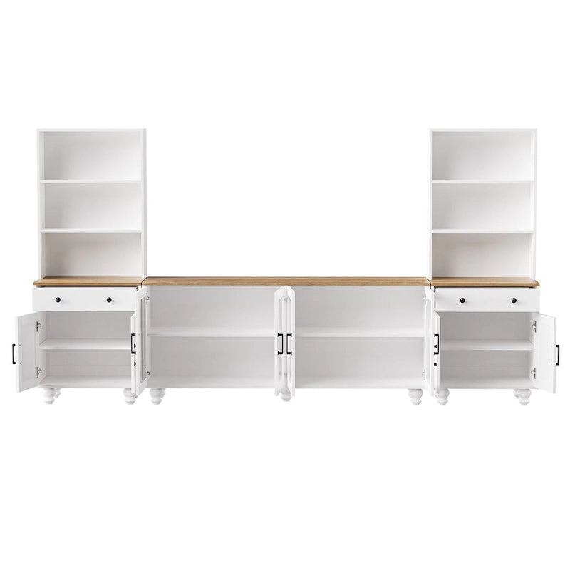 TV Stand with Gourd-Shaped Legs for TVs Up to 70,Entertainment Center with Bookshelves & Glass Doors,Adjustable Shelves