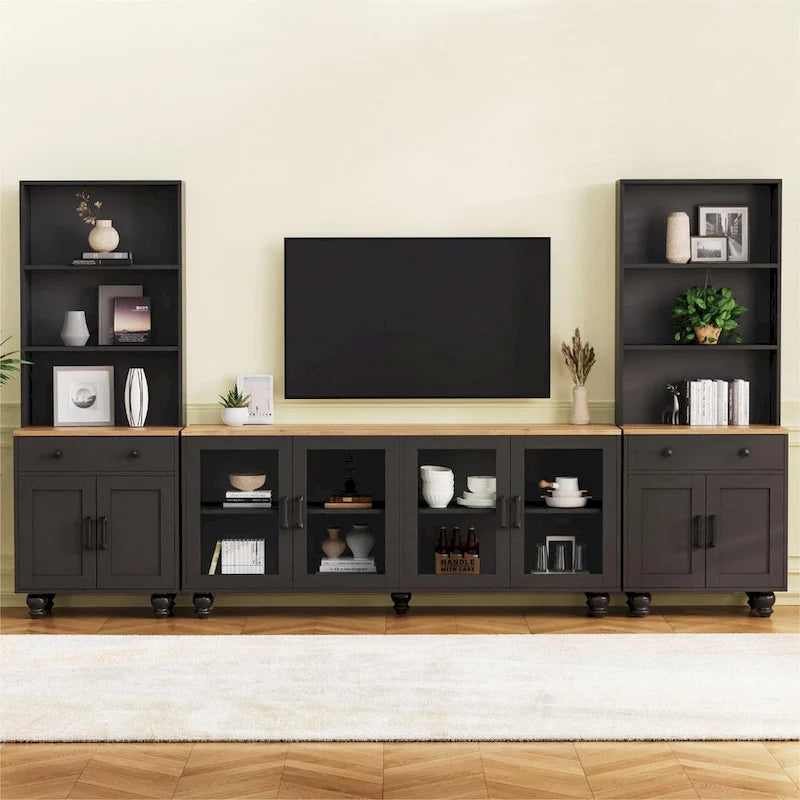 TV Stand with Gourd-Shaped Legs for TVs Up to 70,Entertainment Center with Bookshelves & Glass Doors,Adjustable Shelves