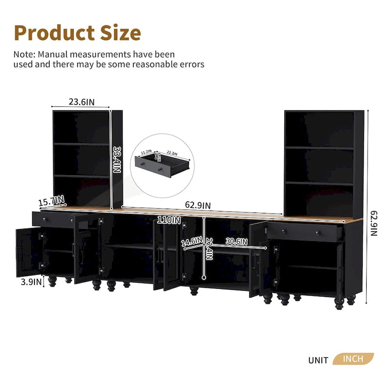 TV Stand with Gourd-Shaped Legs for TVs Up to 70,Entertainment Center with Bookshelves & Glass Doors,Adjustable Shelves