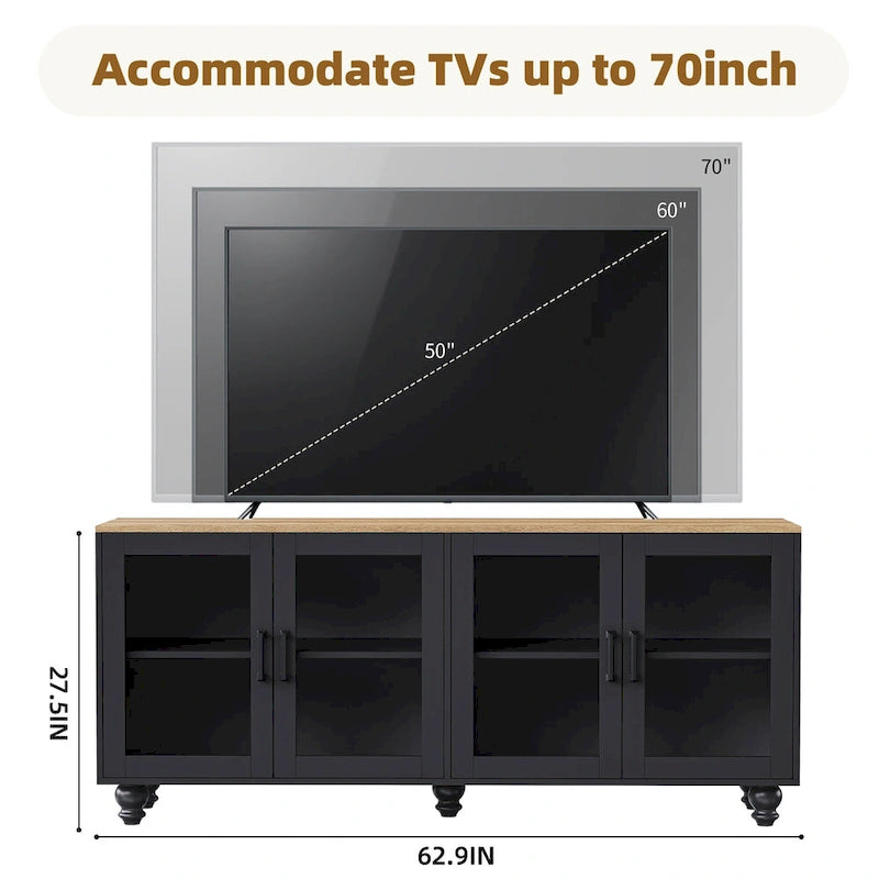 TV Stand with Gourd-Shaped Legs for TVs Up to 70,Entertainment Center with Bookshelves & Glass Doors,Adjustable Shelves