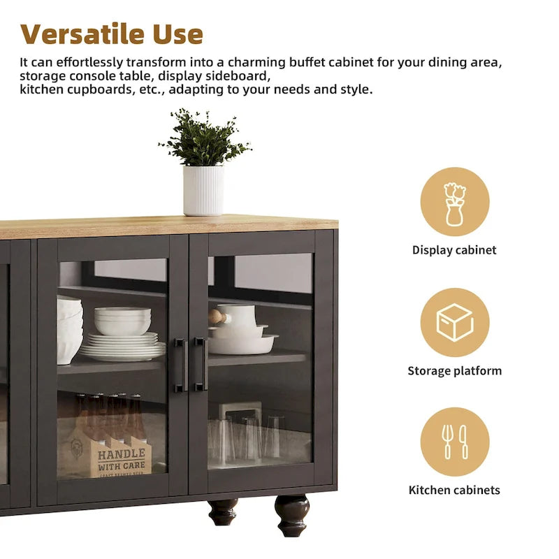 TV Stand with Gourd-Shaped Legs for TVs Up to 70,Entertainment Center with Bookshelves & Glass Doors,Adjustable Shelves