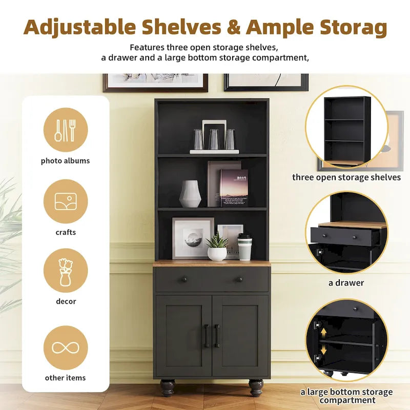 TV Stand with Gourd-Shaped Legs for TVs Up to 70,Entertainment Center with Bookshelves & Glass Doors,Adjustable Shelves