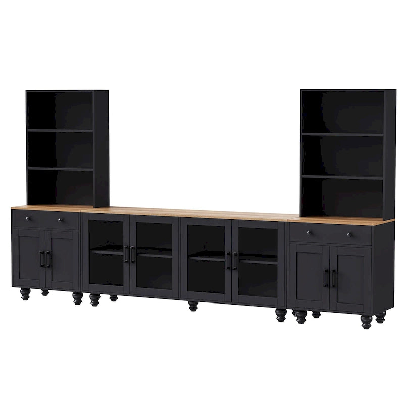 TV Stand with Gourd-Shaped Legs for TVs Up to 70,Entertainment Center with Bookshelves & Glass Doors,Adjustable Shelves