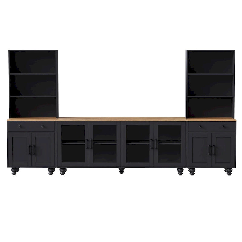 TV Stand with Gourd-Shaped Legs for TVs Up to 70,Entertainment Center with Bookshelves & Glass Doors,Adjustable Shelves