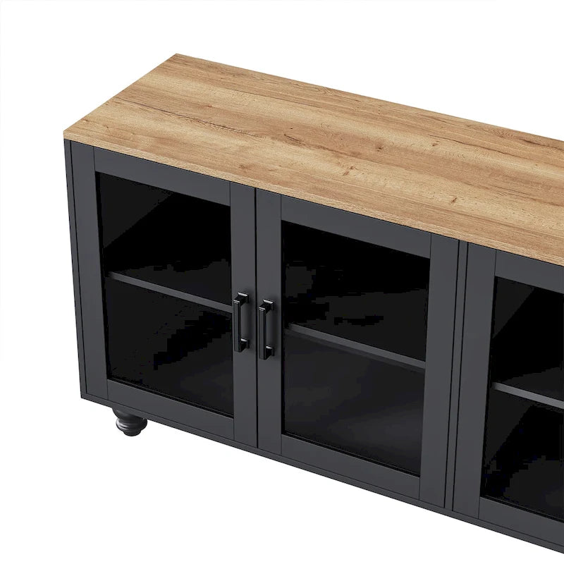 TV Stand with Gourd-Shaped Legs for TVs Up to 70,Entertainment Center with Bookshelves & Glass Doors,Adjustable Shelves