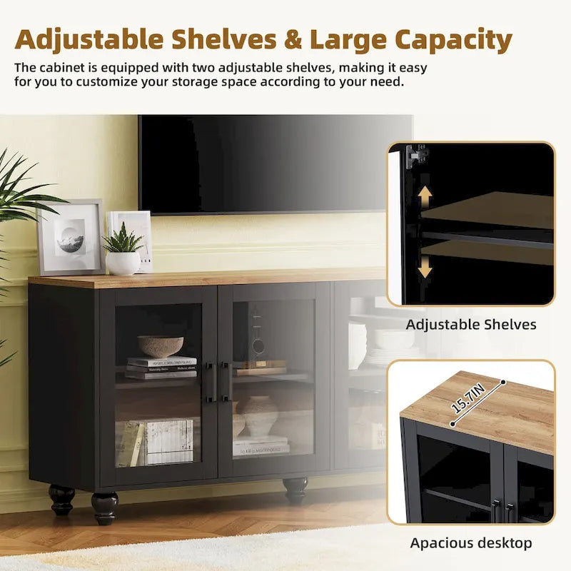 TV Stand with Gourd-Shaped Legs for TVs Up to 70,Entertainment Center with Bookshelves & Glass Doors,Adjustable Shelves
