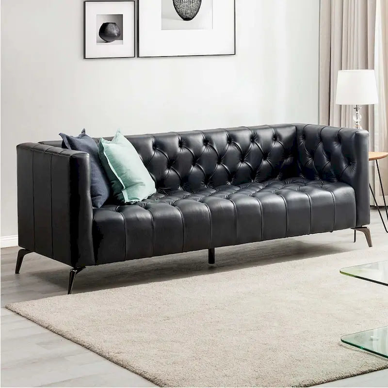 Nestor Transitional Genuine Leather Sofa with Metal Legs and Tufted Back
