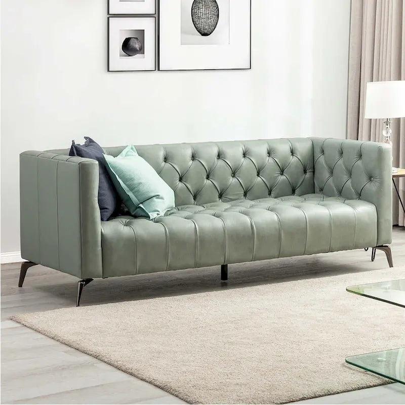 Transitional Genuine Leather Sofa with Metal Legs & Tufted Back
