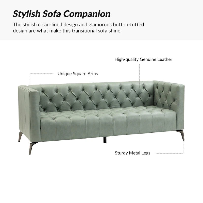 Transitional Genuine Leather Sofa with Metal Legs & Tufted Back