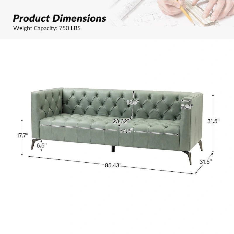 Transitional Genuine Leather Sofa with Metal Legs & Tufted Back