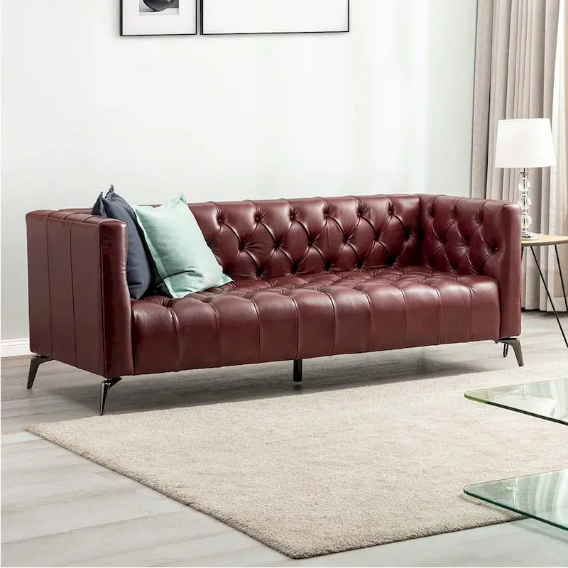 Transitional Genuine Leather Sofa with Metal Legs & Tufted Back
