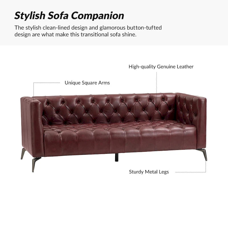 Transitional Genuine Leather Sofa with Metal Legs & Tufted Back