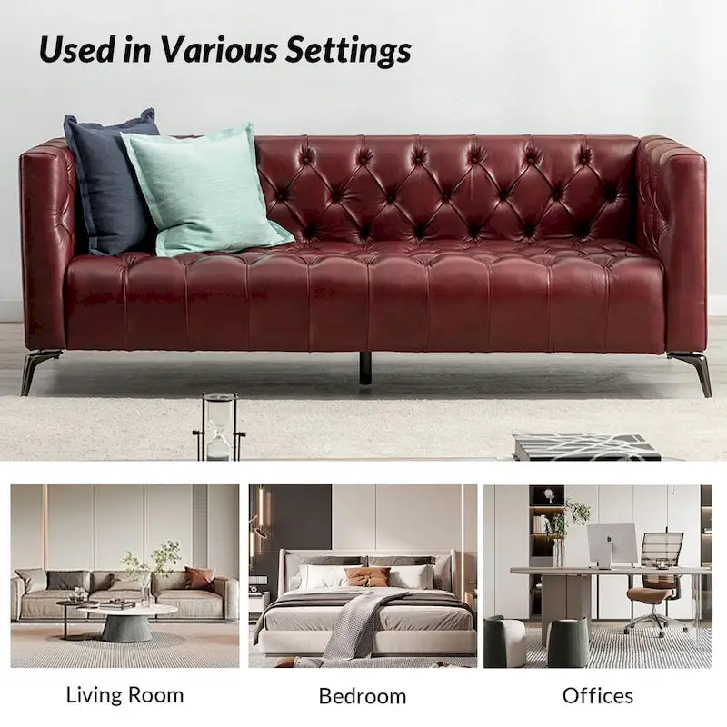 Transitional Genuine Leather Sofa with Metal Legs & Tufted Back