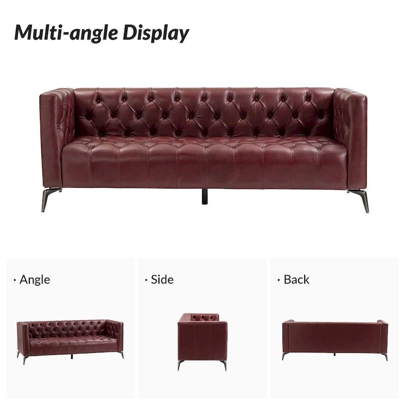 Transitional Genuine Leather Sofa with Metal Legs & Tufted Back