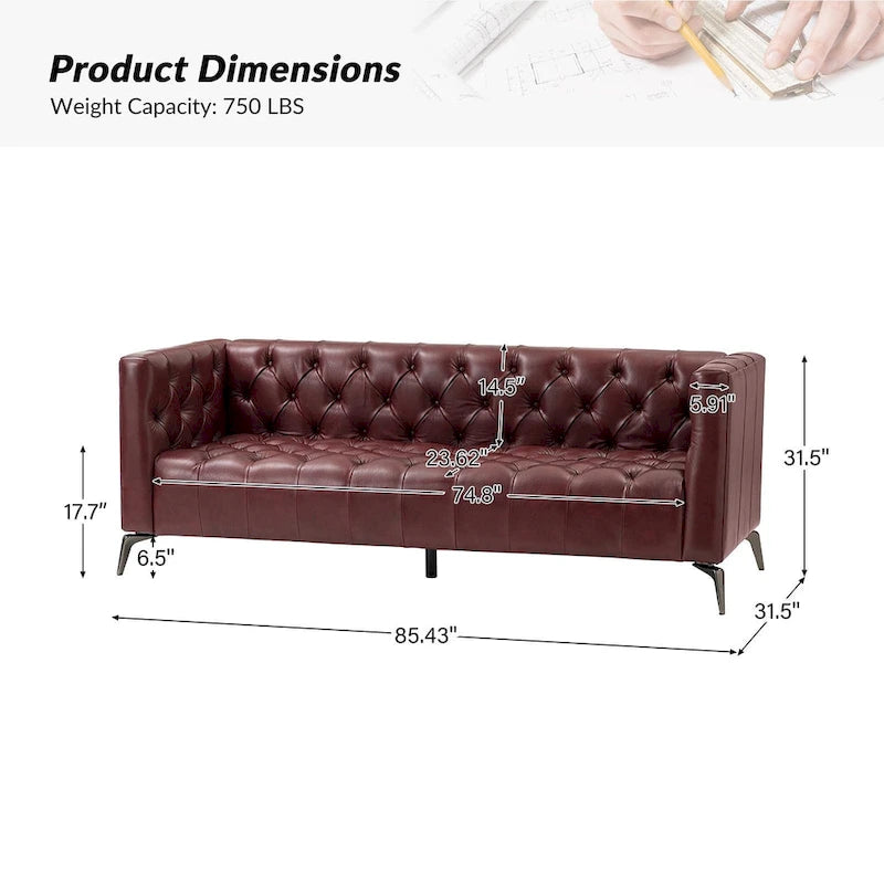 Transitional Genuine Leather Sofa with Metal Legs & Tufted Back