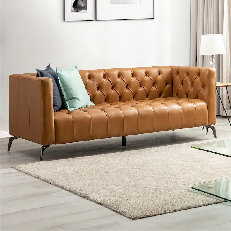 Transitional Genuine Leather Sofa with Metal Legs & Tufted Back