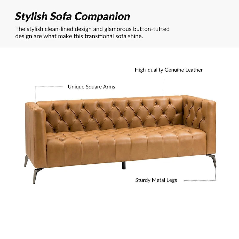 Transitional Genuine Leather Sofa with Metal Legs & Tufted Back