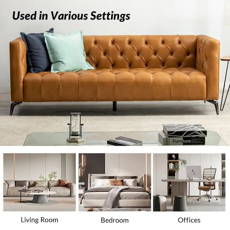 Transitional Genuine Leather Sofa with Metal Legs & Tufted Back