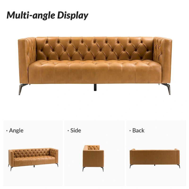 Transitional Genuine Leather Sofa with Metal Legs & Tufted Back