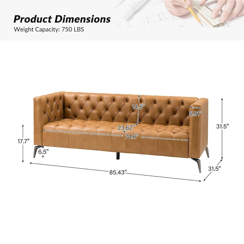 Transitional Genuine Leather Sofa with Metal Legs & Tufted Back