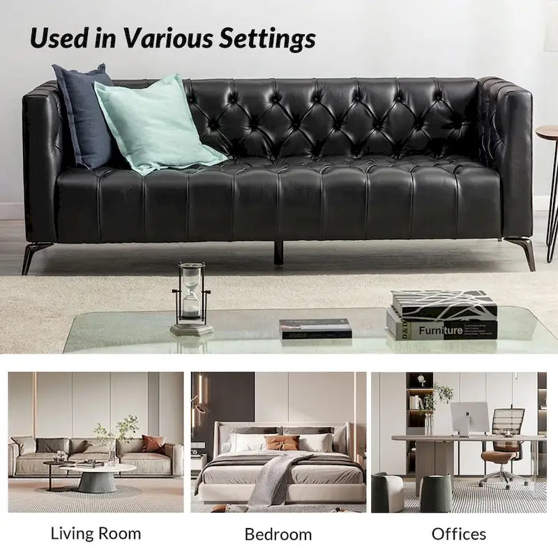 Transitional Genuine Leather Sofa with Metal Legs & Tufted Back