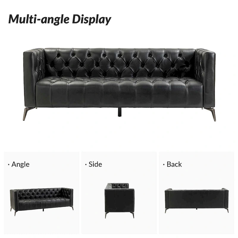 Transitional Genuine Leather Sofa with Metal Legs & Tufted Back