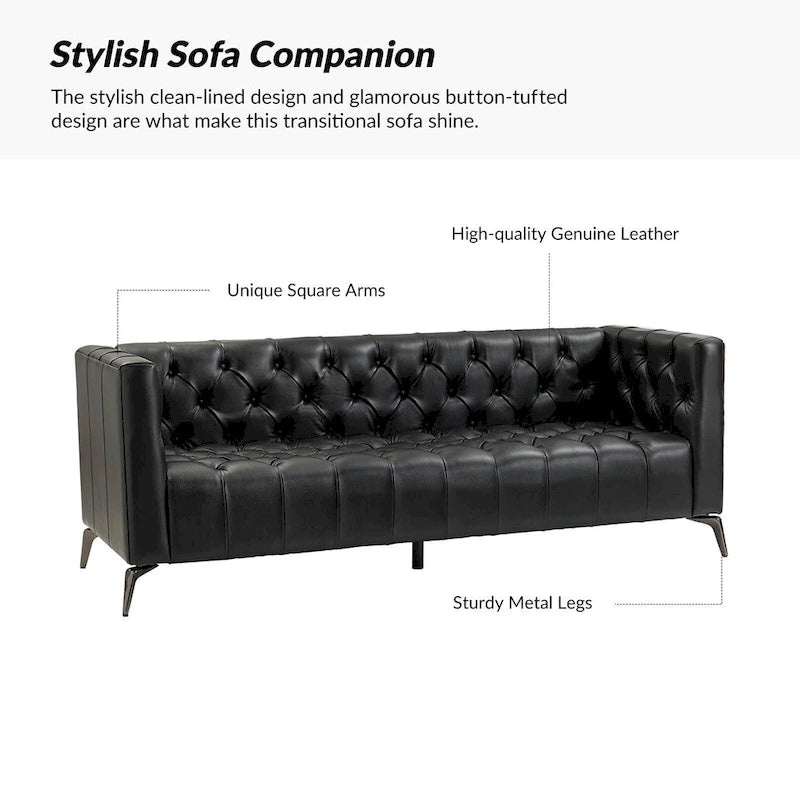 Transitional Genuine Leather Sofa with Metal Legs & Tufted Back