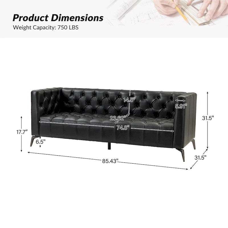 Transitional Genuine Leather Sofa with Metal Legs & Tufted Back
