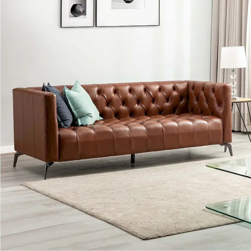 Transitional Genuine Leather Sofa with Metal Legs & Tufted Back