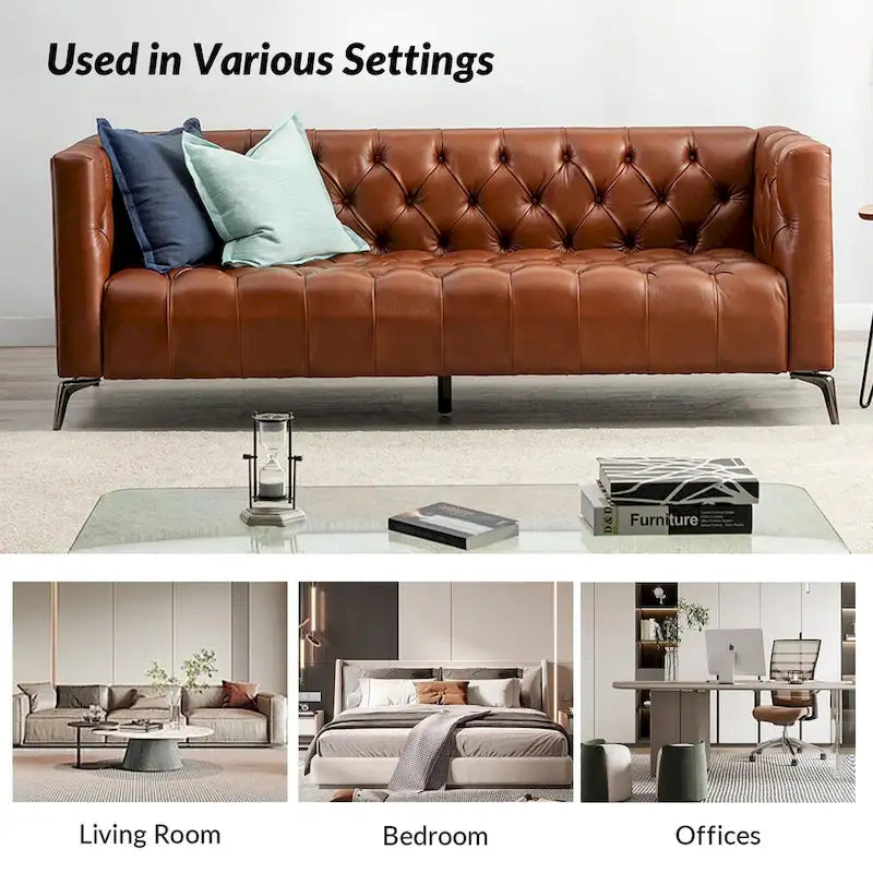 Transitional Genuine Leather Sofa with Metal Legs & Tufted Back
