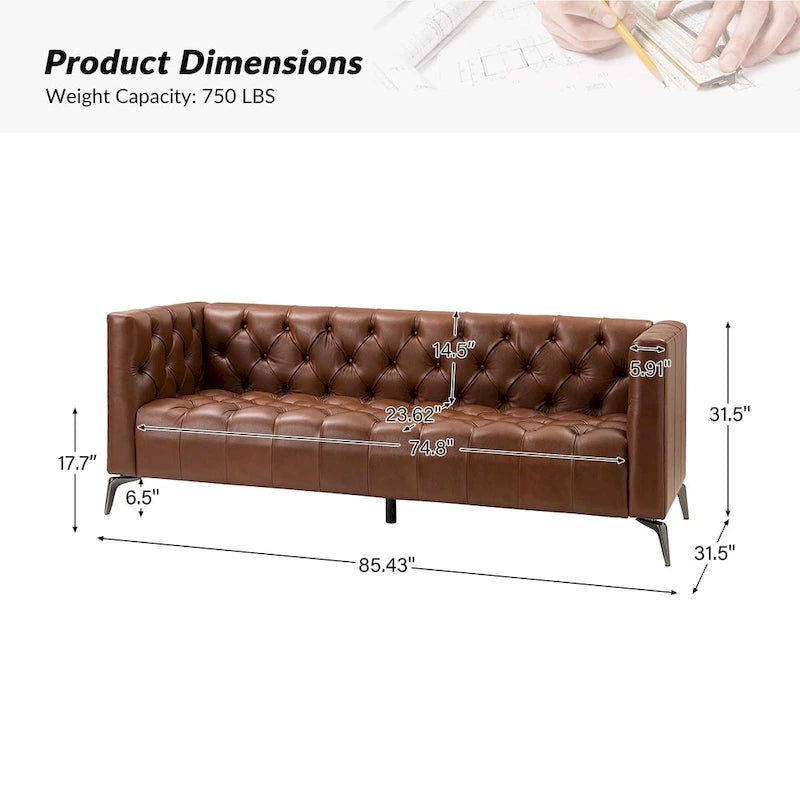 Transitional Genuine Leather Sofa with Metal Legs & Tufted Back