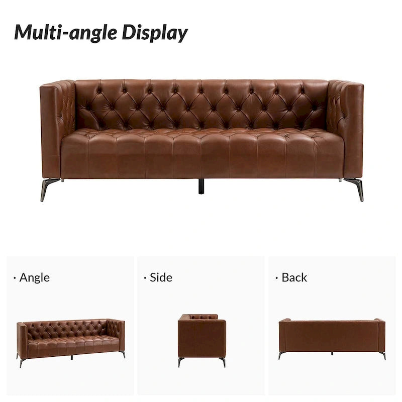 Transitional Genuine Leather Sofa with Metal Legs & Tufted Back