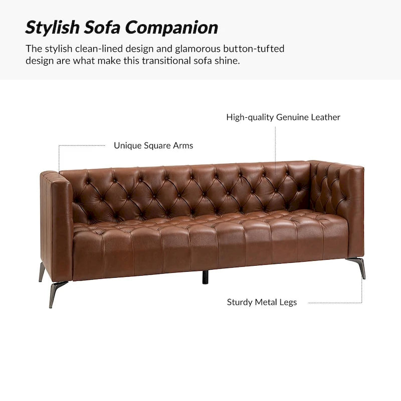 Transitional Genuine Leather Sofa with Metal Legs & Tufted Back