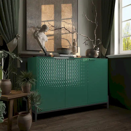 3-Door High Gloss Buffet Sideboard Cabinet with Adjustable Shelves & Metal Legs