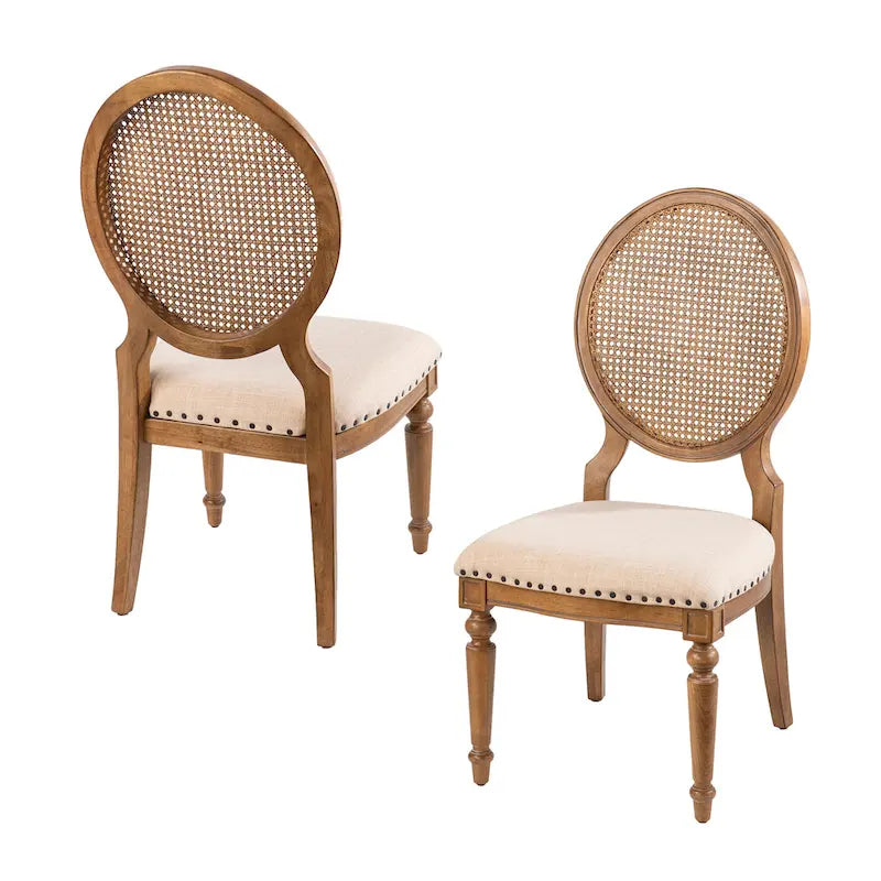 Oak Cane Back Dining Chairs with Upholstered Seat & Natural Wood Frame