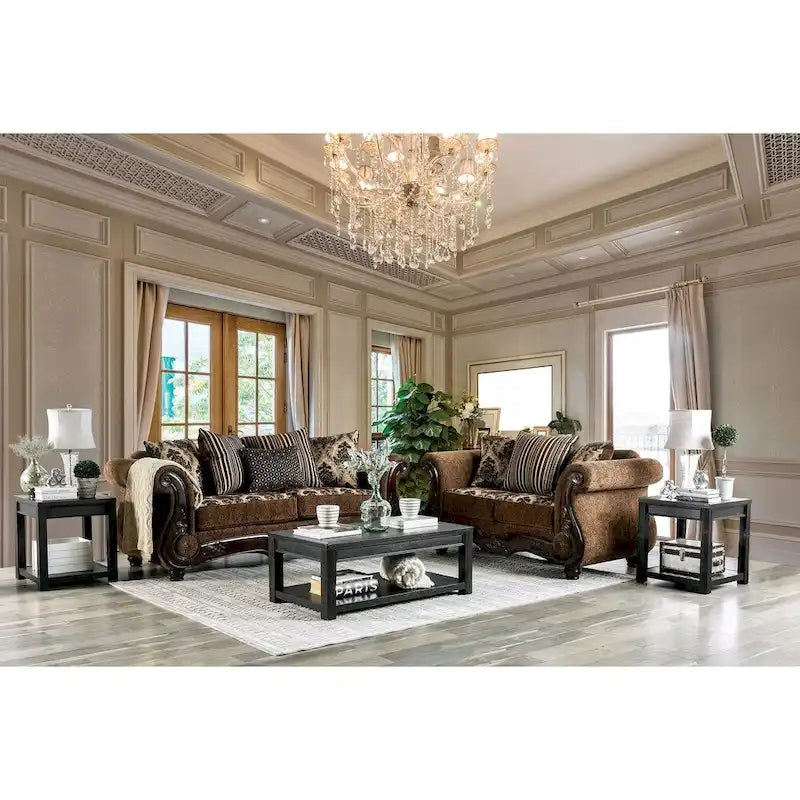 Traditional Brown Chenille Upholstered Sofa with Rolled Arms & Sturdy Frame