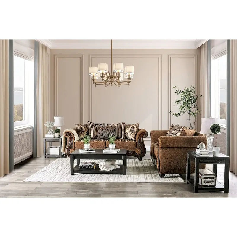 Traditional Brown Chenille Upholstered Sofa with Rolled Arms & Sturdy Frame