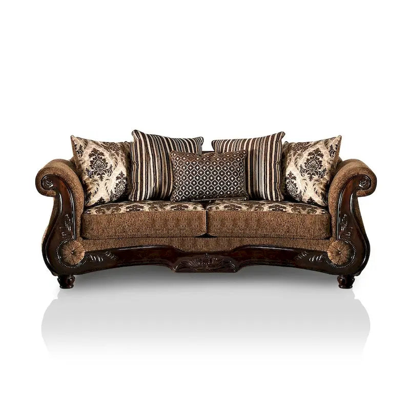 Traditional Brown Chenille Upholstered Sofa with Rolled Arms & Sturdy Frame