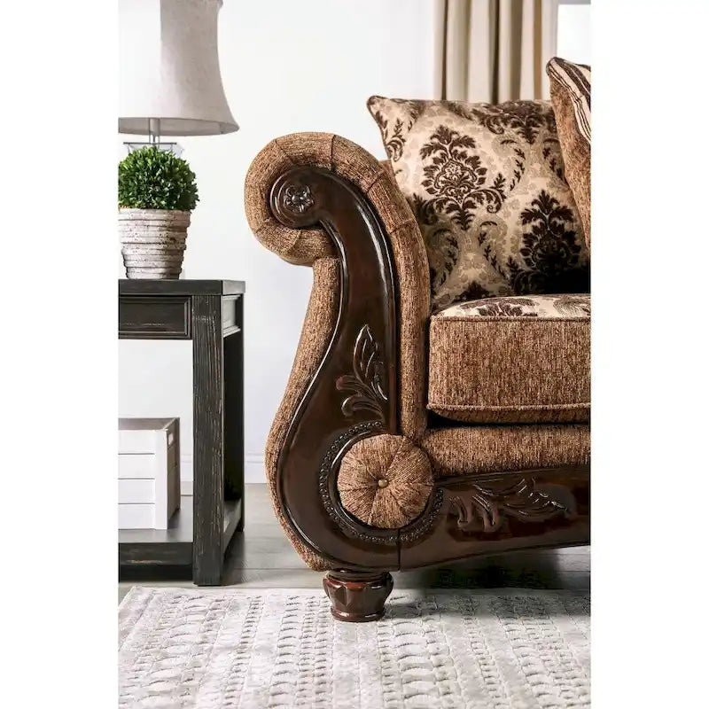 Traditional Brown Chenille Upholstered Sofa with Rolled Arms & Sturdy Frame